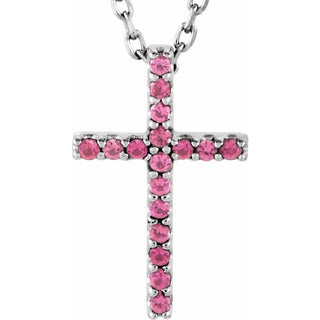 14K White Natural Pink Tourmaline Petite Cross 16" Necklace