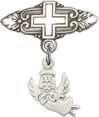 Sterling Silver Badge Pin With Cross Guardian Angel Baby Badge