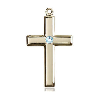 14kt Gold Filled Cross Pendant with a 3mm Aqua Swarovski stone on an 18-inch Gold Filled Light Curb Chain