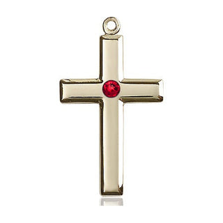 14kt Gold Filled Cross Pendant with a 3mm Ruby Swarovski stone on an 18-inch Gold Filled Light Curb Chain
