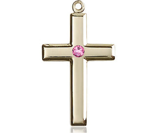 14kt Gold Cross Medal with a 3mm Rose Swarovski stone