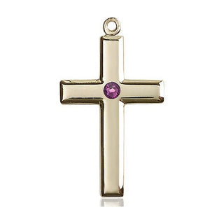 14kt Gold Cross Medal with a 3mm Amethyst Swarovski stone