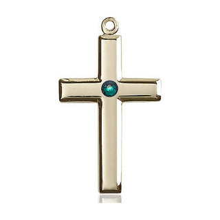 14kt Gold Cross Medal with a 3mm Emerald Swarovski stone