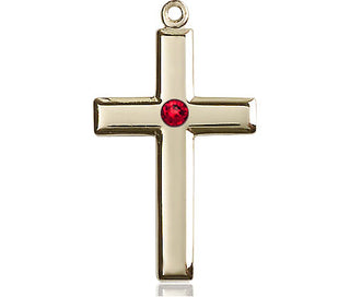 14kt Gold Cross Medal with a 3mm Ruby Swarovski stone