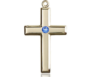 14kt Gold Cross Medal with a 3mm Sapphire Swarovski stone