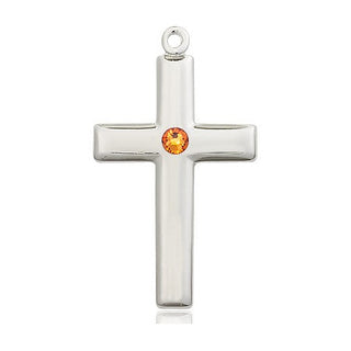 Sterling Silver Cross Pendant with a 3mm Topaz Swarovski stone on an 18-inch Sterling Silver Light Curb Chain