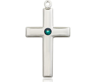 Sterling Silver Cross Pendant with a 3mm Emerald Swarovski stone on an 18-inch Sterling Silver Light Curb Chain
