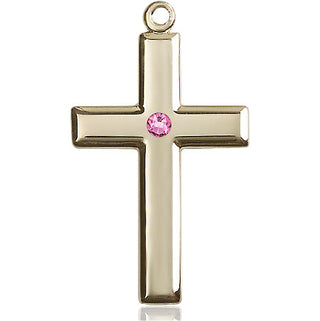 14kt Gold Filled Cross Pendant with a 3mm Rose Swarovski stone on an 24-inch Gold Plate Heavy Curb Chain