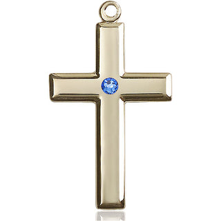14kt Gold Filled Cross Pendant with a 3mm Sapphire Swarovski stone on an 24-inch Gold Plate Heavy Curb Chain