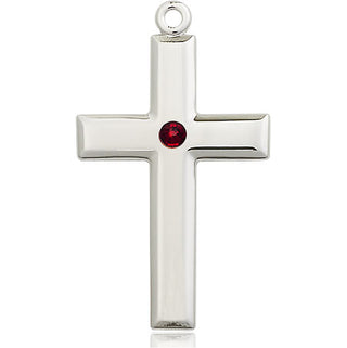 Sterling Silver Cross Pendant with a 3mm Garnet Swarovski stone on an 24-inch Light Rhodium Heavy Curb Chain
