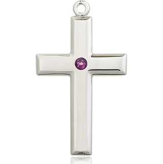 Sterling Silver Cross Pendant with a 3mm Amethyst Swarovski stone on an 24-inch Light Rhodium Heavy Curb Chain