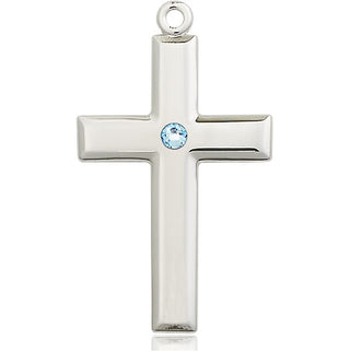 Sterling Silver Cross Pendant with a 3mm Aqua Swarovski stone on an 24-inch Light Rhodium Heavy Curb Chain