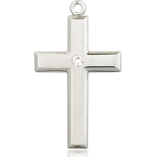 Sterling Silver Cross Pendant with a 3mm Crystal Swarovski stone on an 24-inch Light Rhodium Heavy Curb Chain