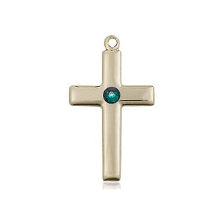 14kt Gold Filled Cross Pendant with a 3mm Emerald Swarovski stone on an 18-inch Gold Filled Light Curb Chain