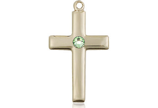 14kt Gold Cross Medal with a 3mm Peridot Swarovski stone