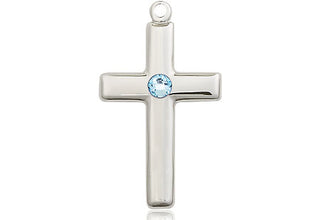Sterling Silver Cross Pendant with a 3mm Aqua Swarovski stone on an 18-inch Sterling Silver Light Curb Chain
