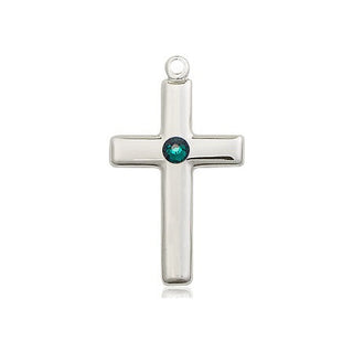 Sterling Silver Cross Pendant with a 3mm Emerald Swarovski stone on an 18-inch Sterling Silver Light Curb Chain