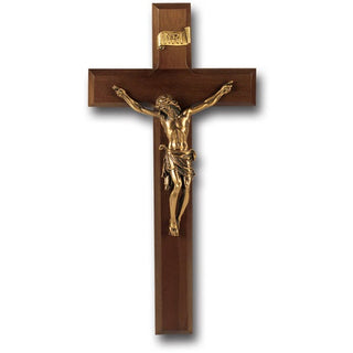11" Walnut Wood Cross With Museum Gold Corpus