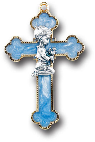 Blue Enameled Cross with Praying Boy Figure