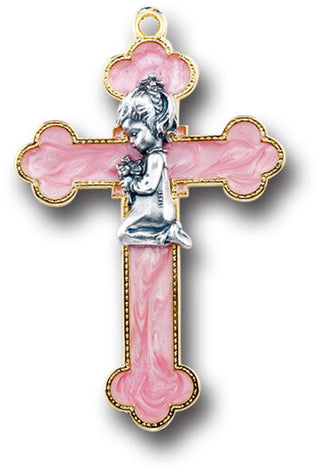 Pink Enameled Cross with Praying Girl Figure