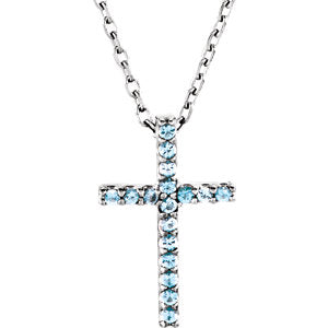 14K White Aquamarine Cross 16" Necklace