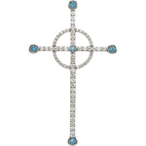 14K White Swiss Blue Topaz & 1/2 CTW Diamond Cross Pendant