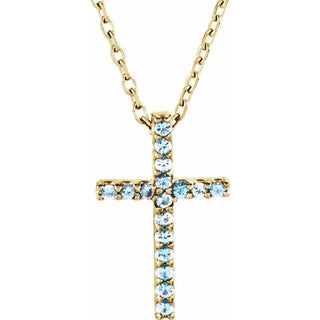 14K Yellow Natural Aquamarine Petite Cross 16" Necklace