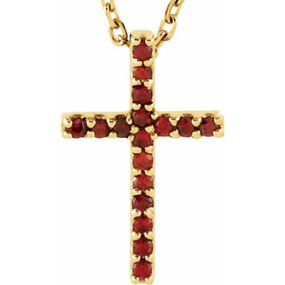 14K Yellow Natural Mozambique Garnet Petite Cross 16" Necklace