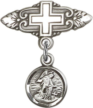 Sterling Silver Badge Pin With Cross Guardian Angel Baby Badge