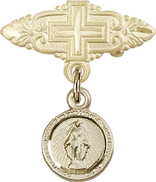 14kt Gold Badge Pin With Cross Miraculous Baby Badge