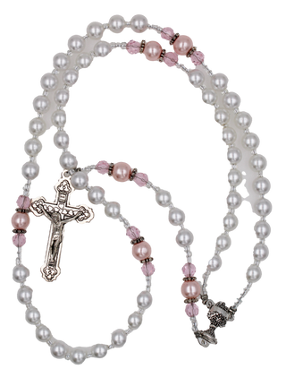 Communion Rosary, white with pink OF beads with Pink Organza Pouch
