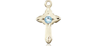 14kt Gold Filled Cross Pendant with a 3mm Aqua Swarovski stone on an 18-inch Gold Filled Light Curb Chain
