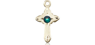 14kt Gold Filled Cross Pendant with a 3mm Emerald Swarovski stone on an 18-inch Gold Filled Light Curb Chain