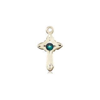 14kt Gold Cross Medal with a 3mm Emerald Swarovski stone