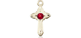 14kt Gold Cross Medal with a 3mm Ruby Swarovski stone