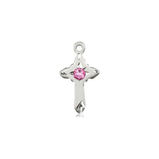 Sterling Silver Cross Pendant with a 3mm Rose Swarovski stone on an 18-inch Sterling Silver Light Curb Chain
