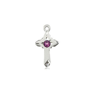 Sterling Silver Cross Pendant with a 3mm Amethyst Swarovski stone on an 18-inch Sterling Silver Light Curb Chain
