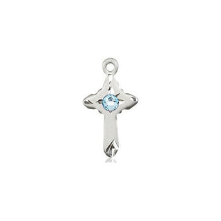 Sterling Silver Cross Pendant with a 3mm Aqua Swarovski stone on an 18-inch Sterling Silver Light Curb Chain
