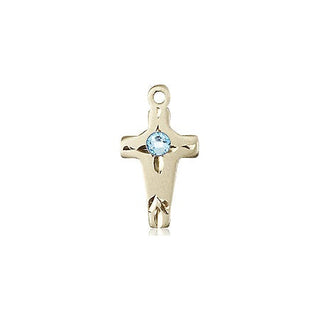 14kt Gold Cross Medal with a 3mm Aqua Swarovski stone