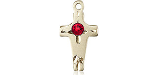 14kt Gold Cross Medal with a 3mm Ruby Swarovski stone