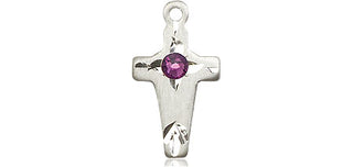 Sterling Silver Cross Pendant with a 3mm Amethyst Swarovski stone on an 18-inch Sterling Silver Light Curb Chain