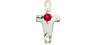 Sterling Silver Cross Pendant with a 3mm Ruby Swarovski stone on an 18-inch Sterling Silver Light Curb Chain