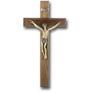 12" Walnut Wood Cross With Museum Gold Pltd Corpus