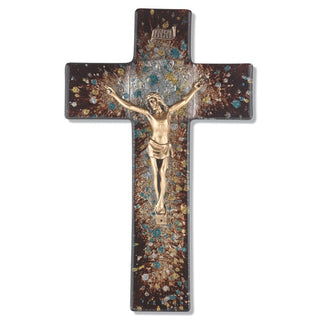 10" Brown/Speckled Glass Cross with Museum Gold Corpus
