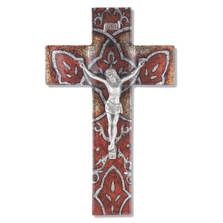 10" Burnt Orange Glass Cross with Pewter Corpus