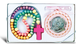 Pink Crib Medal And Wooden Rosary