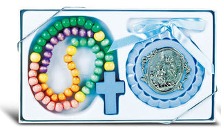 Blue Crib Medal With Wooden Rosary
