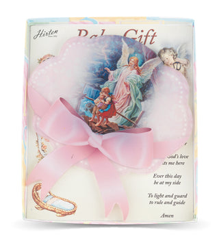 5X5.5" Guardian Angel On Bridge Pink Plexy Crib Medal