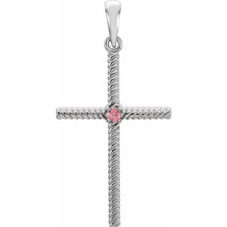 14K White Natural Pink Tourmaline Cross Pendant