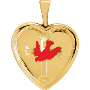 14K Gold Gold-Plated Sterling Silver Dove & Cross Heart Locket with Epoxy
